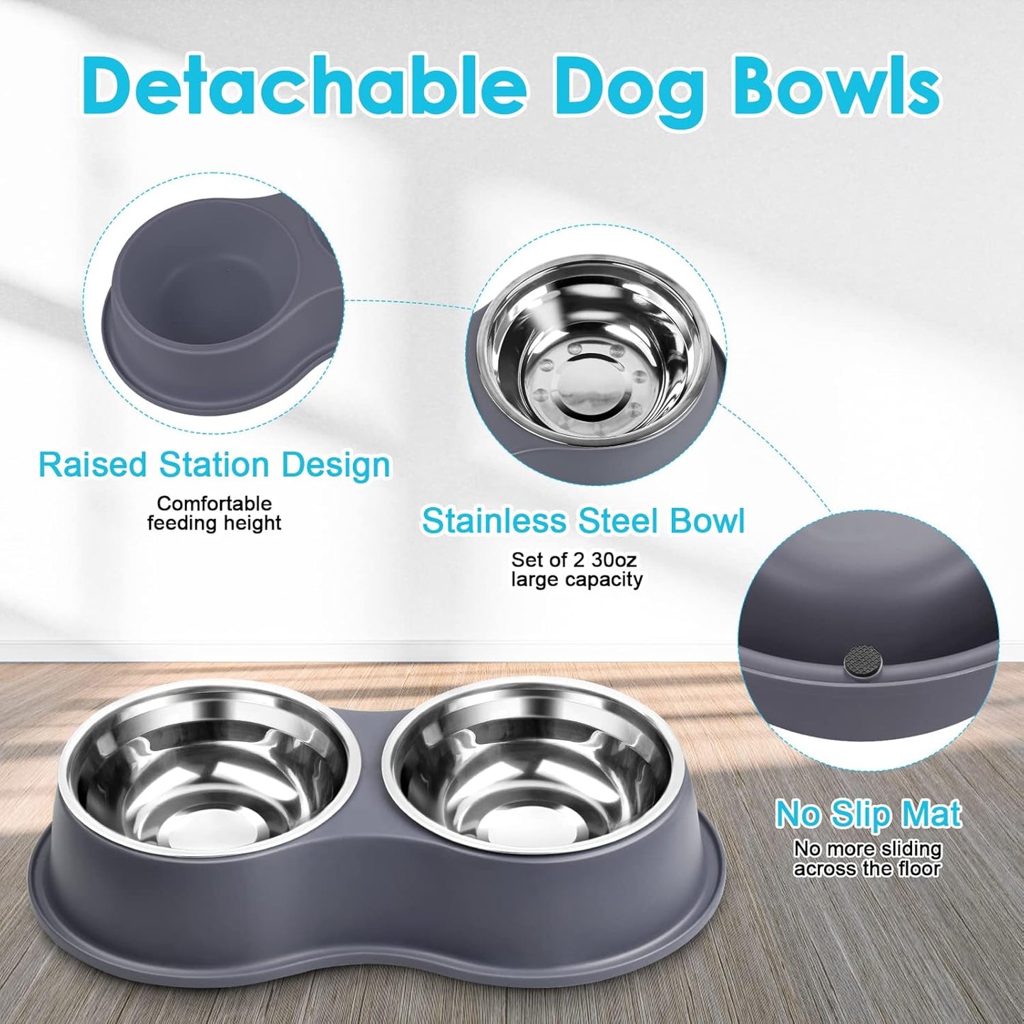 Dog Bowls Large Double Dog Water and Food Bowls Stainless Steel Bowls with Non-Slip Resin Station, Pet Feeder Bowls Food Dish for Small Medium Large Dogs Cats