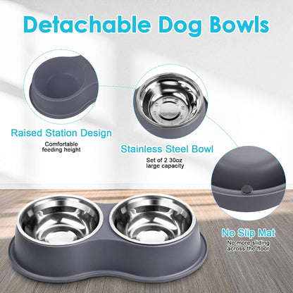Dog Bowls Large Double Dog Water and Food Bowls Stainless Steel Bowls with Non-Slip Resin Station, Pet Feeder Bowls Food Dish for Small Medium Large Dogs Cats