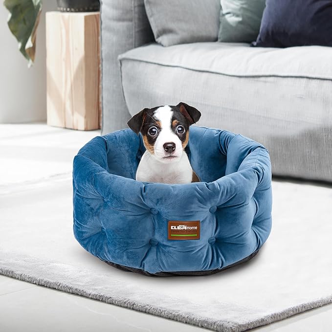 ClevaHome Deep Nest Cat Bed for Small Pets up to 15lbs - Round Cat Beds for Indoor Cats, Luxurious Velvet Feel, Extra High Sides, Machine Washable Comfort Pet Bed with Non-Slip Bottom (Steel Blue)