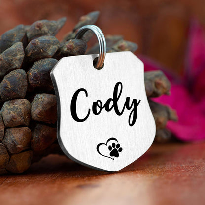 Ultra Joys Cat ID Tag Personalized Pet Tags, Durable Stainless Steel Small Pet Mini Dog Cat Tag Lightweight - Shield Tag in Silver