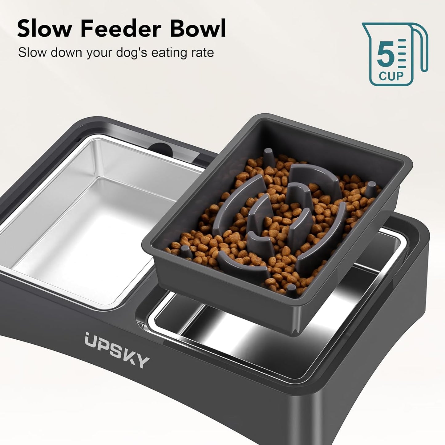 UPSKY Elevated Dog Bowls, 4 Height-Adjustable Raised Dog Bowl Stands with 2 Stainless-Steel Water Bowls, Slow Feeder, Anti-Slip for Small & Medium Dogs