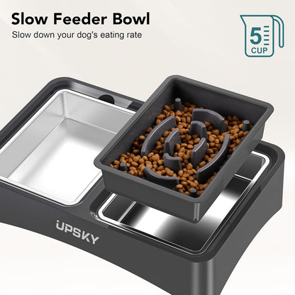UPSKY Elevated Dog Bowls, 4 Height-Adjustable Raised Dog Bowl Stands with 2 Stainless-Steel Water Bowls, Slow Feeder, Anti-Slip for Small & Medium Dogs