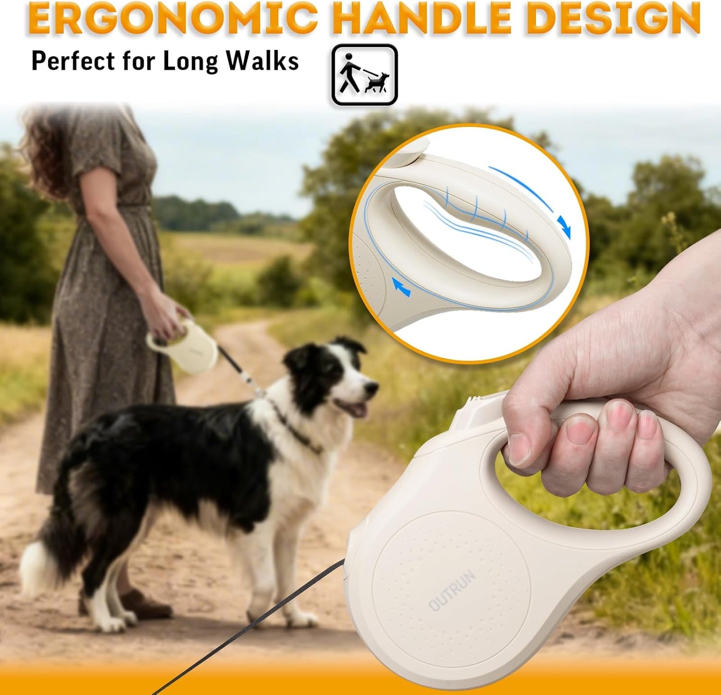 OUTRUN Retractable Dog Leash 16 FT Walking Leash up to 55 lb, Strong Nylon Tape No Tangle, Heavy Duty One-Handed Brake Lock Perfect for Small & Medium Sized Dogs and Pets