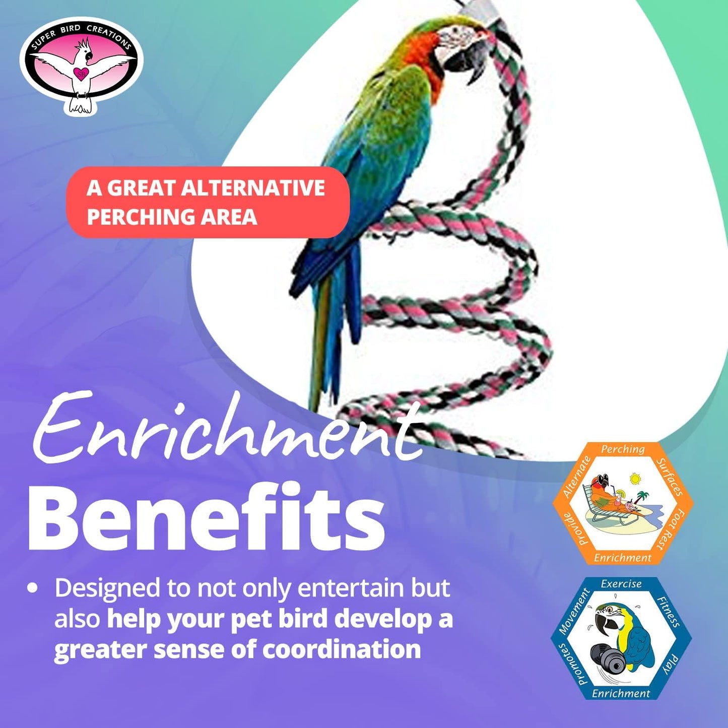 Super Bird Creations SB324 Colorful Cotton Rope Bungee Bird Toy, Medium Bird Size, 3/4" Diameter x 66"