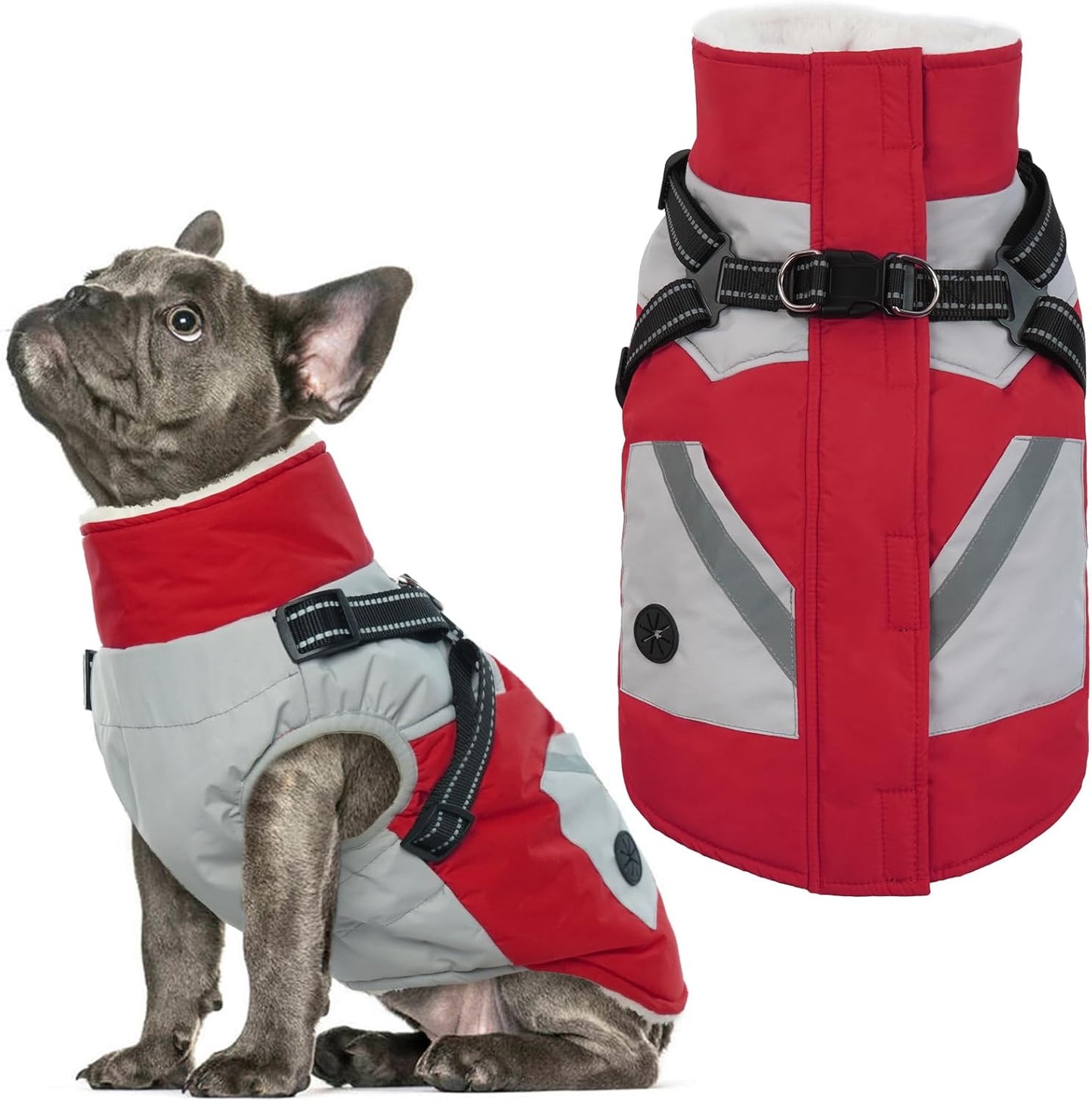 IECOii Dog Coat with Harness Built in - Red, Large - Waterproof Winter Coat, Fleece Lined Snow Jacket for Dogs