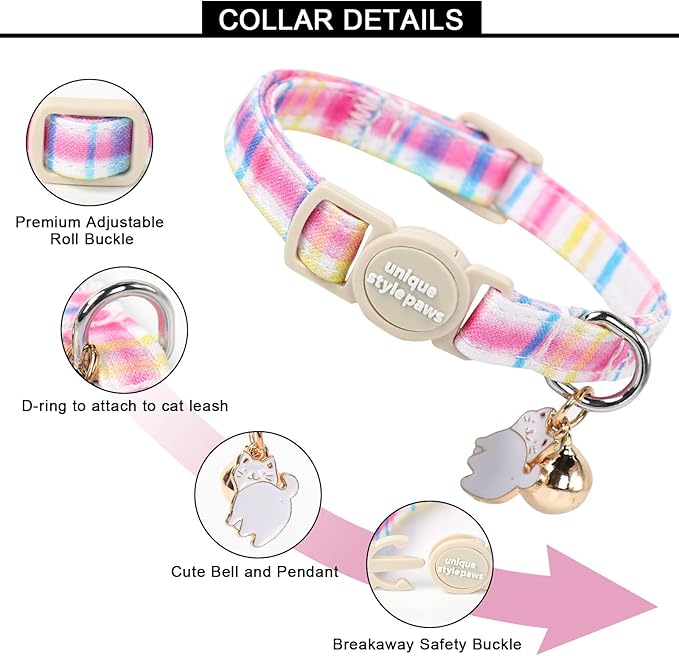 Unique style paws 2 Pack Easter Day Kitten Collar Breakaway with Bell&Pendant, Adjustable Safety Blue Pink Colorful Plaid Cat Cotton Collar for Girl Boy Cat and Small Pet