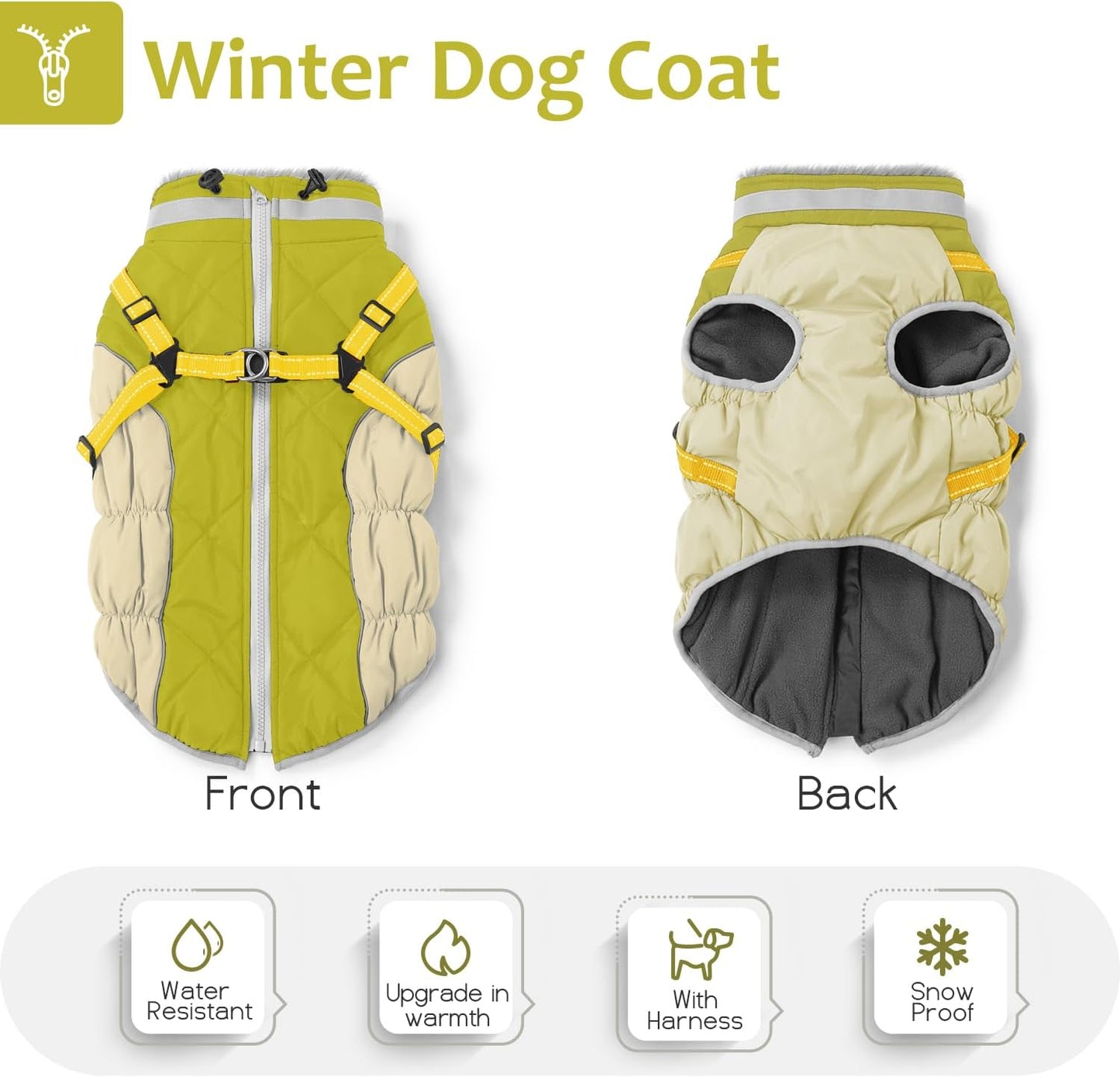 Dog Winter Coat with Harness, Dog Jacket, Pet Clothes with Zipper on Back, Waterproof Windproof Warm Vest, Reflective Cold Weather Coats, for Small Medium Large Dogs, Thick, Green, M