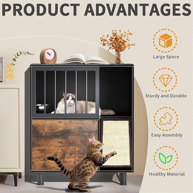 Wood Dog Proof Cat Feeding Station with Storage Box and Removable Bowl, Outdoor Cat Feeding Table with Scratching Board, Vintage Pet Furniture for Indoor