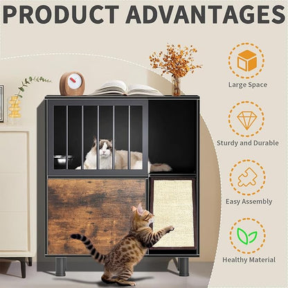 Wood Dog Proof Cat Feeding Station with Storage Box and Removable Bowl, Outdoor Cat Feeding Table with Scratching Board, Vintage Pet Furniture for Indoor