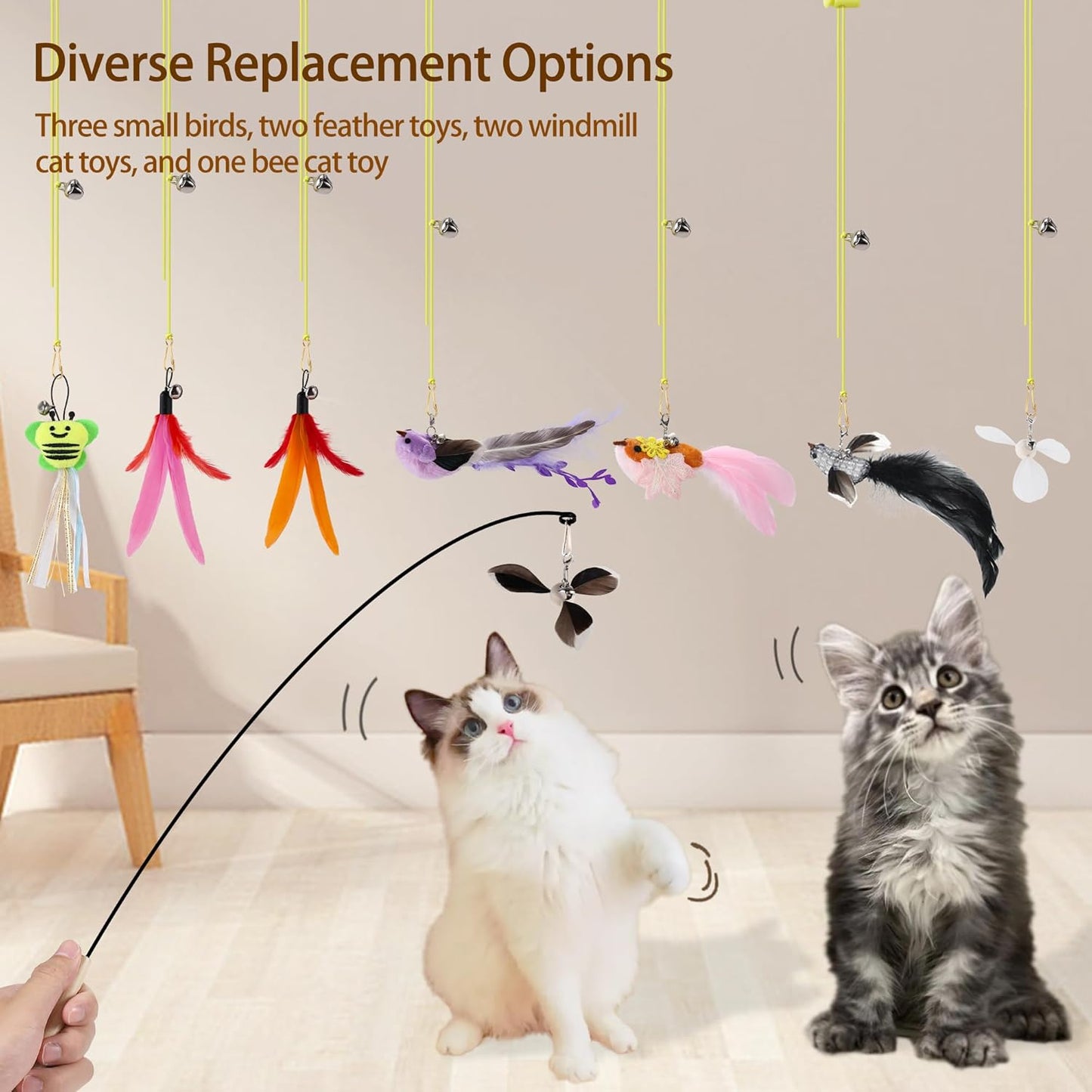 Flying Bird Cat Toy,8Pcs Durable Interactive Cats Wand Replacements,Hanging Cat Toy Suitable for Bored Indoor Cats Self Play