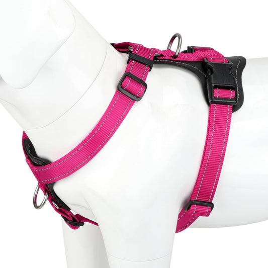 Plutus Pet Adjustable No Pull Dog Harness with Leather Accents, Heavy Duty Reflective Nylon Vest for Training, Hiking, Easy Walk Harness for Small, Medium, Large Dogs (Hot Pink, L)