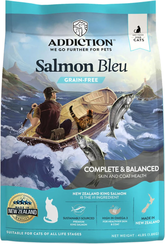 Addiction Salmon Bleu Grain-Free Dry Cat Food – Rich in Omega-3 for Healthy Skin & Coat – Complete & Balanced Salmon Recipe for All Life Stages – Made in New Zealand 4lb