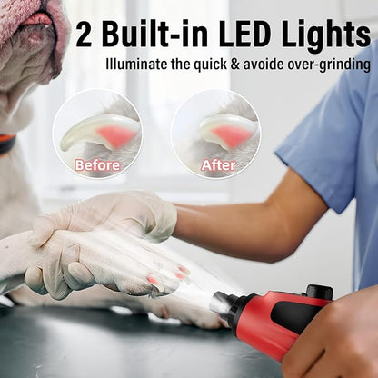 Casfuy Smart 6-Speed Dog Nail Grinder - 50% More Power Pet Nail Grinder with 2 LED Lights Quiet Rechargeable Electric Dog Nail Trimmers File Toenail Grinder for Large Medium Small Dogs & Cats (Red)