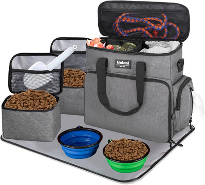 Dog Travel Bag Airline Approved–Pet Travel Tote with Collapsible Bowls,Food Containers & Feeding Mat–Multi-Pocket Organizer for Dogs & Cats, Durable & Water-Resistant for Hiking,Trips,Outdoors
