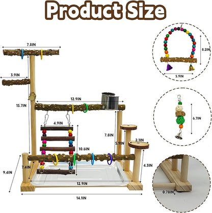 kathson Parrot Play Stand Parakeet Playground Bird Jungle Gym Wood Conure Playstand Hanging Chewing Toys with Swings and Feeder Cups Bird Cage Accessories for Cockatiel Lovebirds Budgie