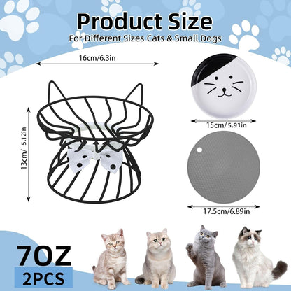 2PCS Ceramic Elevated Cat Bowls, Raised Pet Food Bowl Whisker Friendly, Anti-Vomiting Food Plate with Cute Metal Stand, Shallow Food Plate for Indoor Cat, Protects Spine