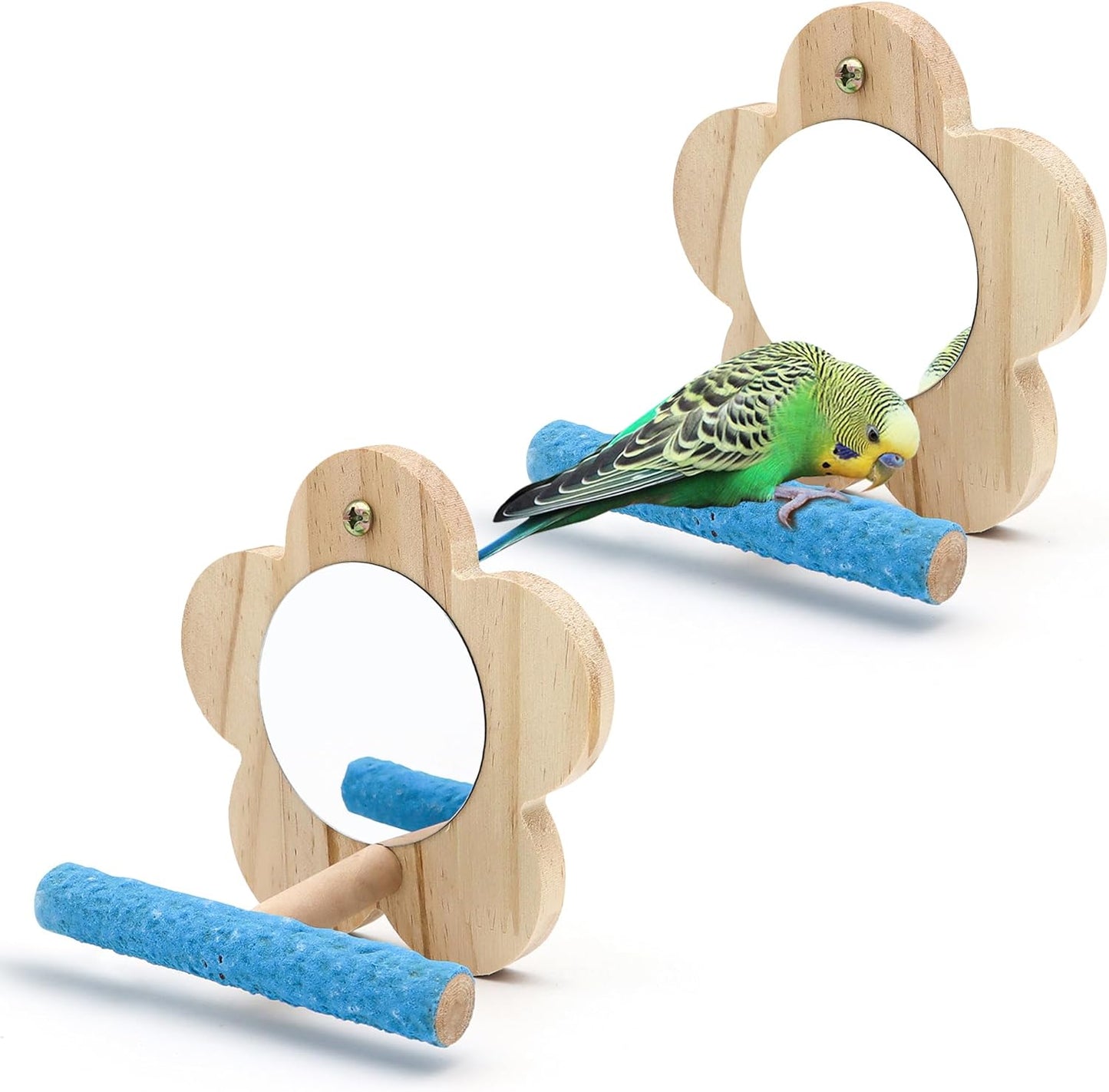 2Pcs Small Bird Mirror Parrot Swing,Wooden Parakeet Perches Flower Interactive Play Toys for Small Budgies Macaw African Grey Parakeets Lovebird Cockatiel Cage Accessories (S,Wood-2p)