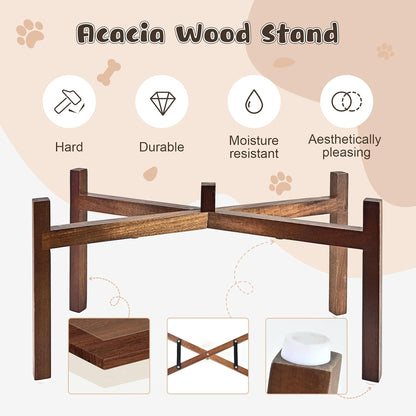 SPUNKYJUNKY Ceramic Elevated Dog Bowl Set with Acacia Wood Stand for Food and Water for Large Dog (60.87 OZ, White and Reddish Brown)