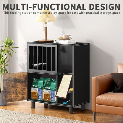 Wood Dog Proof Cat Feeding Station with Storage Box and Removable Bowl, Outdoor Cat Feeding Table with Scratching Board, Vintage Pet Furniture for Indoor