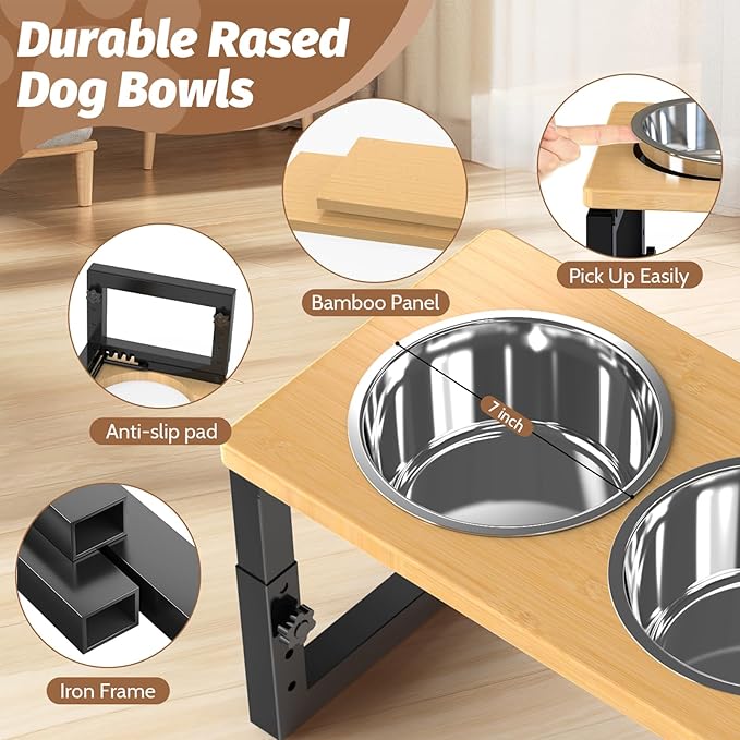 Dog Bowls Elevated, 4 Height & Angle Adjustable Raised Dog Bowl Stand, Elevated Dogs Bowl Stand for Medium Sized Pet, Sturdy Bamboo Dogs Feeding Station with 2X 48oz (6cup) Stainless Steel Dishes