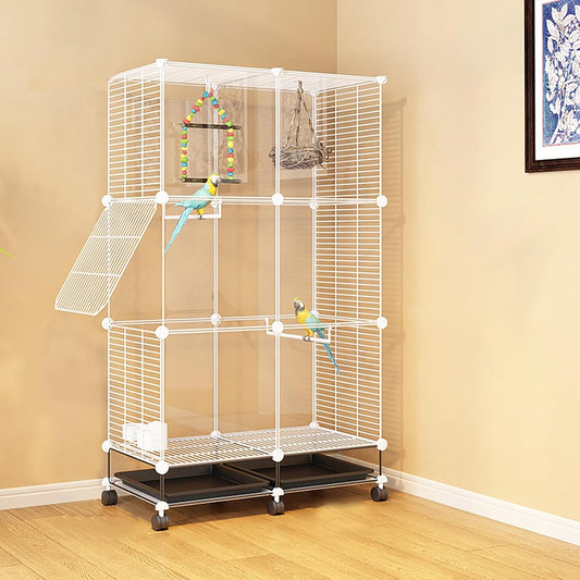 49" H Wrought Iron Bird Cage Parrot Cage, 3-Tier Movable Birdcage Parakeet Cage w/Wheels, 360° View Spacious Interactive Bird House Pet Bird Flight Cage for Medium&Small Birds (Transparent)