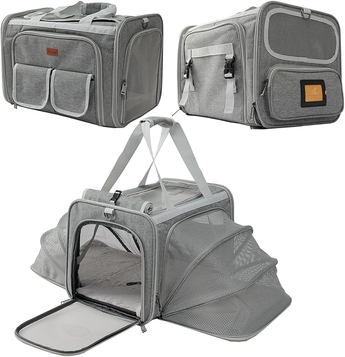 Dog Carrier Cat Carriers Grey Soft Pets Bag Airline Approved Dog Carrier for Small Dogs Carrier,2Sides Expand,Stylish Rabbit Bunny Pets Carriers Travel Outdoor Carry Kennel