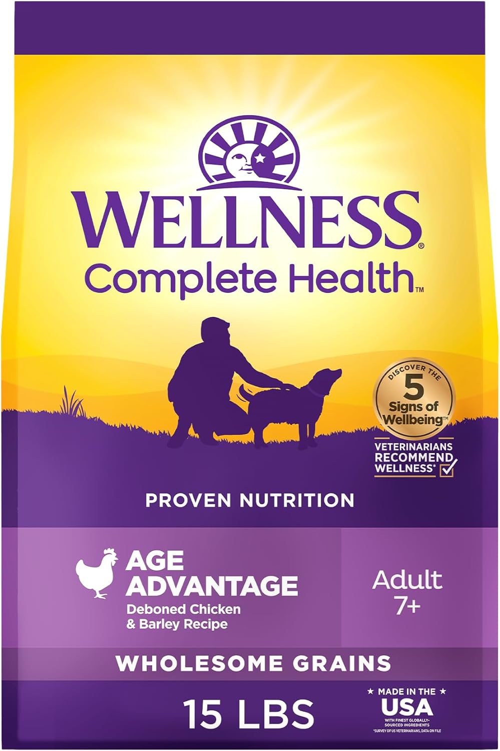 Wellness Complete Health Senior Dry Dog Food with Grains, Chicken & Barley, 15-Pound Bag