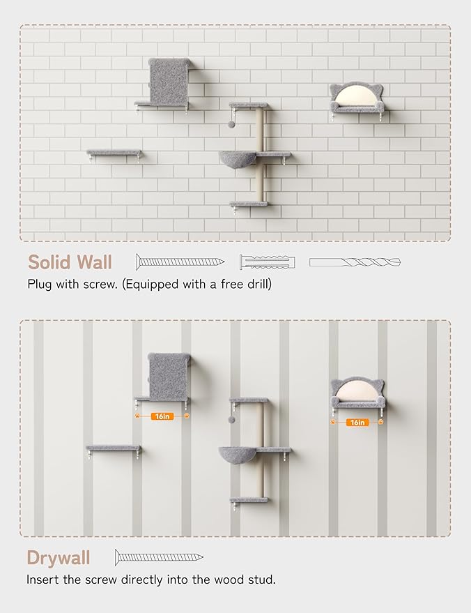 Cat Wall Shelves 5-in-1 Modern Climbing Wall Furniture Set for Cats with Scratching Posts, Cat Bed & Sofa, Space-Saving Perch for 16" Drywall, Light Gray