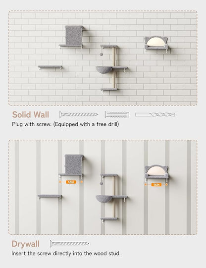 Cat Wall Shelves 5-in-1 Modern Climbing Wall Furniture Set for Cats with Scratching Posts, Cat Bed & Sofa, Space-Saving Perch for 16" Drywall, Light Gray