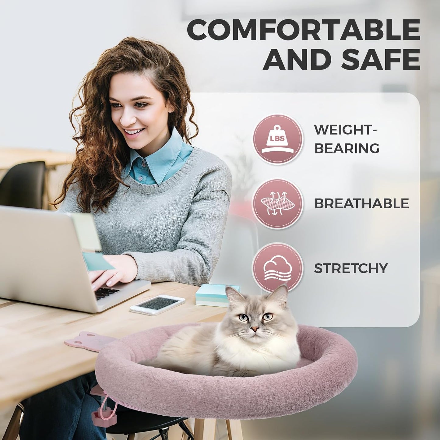 Rotating Cat Desk Bed - 40 LBS Chair-Side Cat Sleeping Basket with Bed for Desk, 360° Swivel & Removable Washable Cushion for Office Comfort(Pink