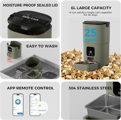 PAPIFEED Automatic Cat Feeder Upgrade, Smart Cat Feeder 6L - APP/Alexa Control, Dual Power Supply, Anti-chewing Cord, Stainless Steel Bowl, Anti-chewing Design for Cats and Small/Medium Dogs (Greener)