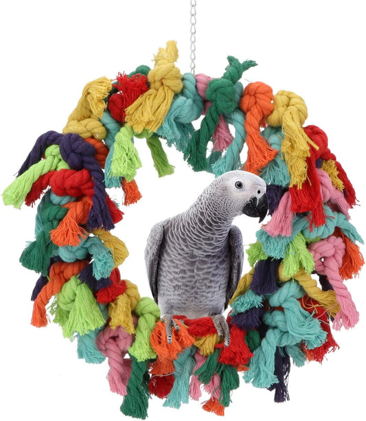 Bird Colorful Cotton Rope Hanging Ring Parrot Preening Grooming Chew Climb Biting Toy for African Grey Cockatoo Conure Parakeet