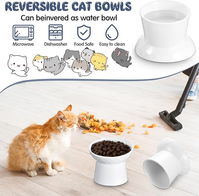 Tanlade 4 Pcs Ceramic Raised Cat Bowls, Elevated Tilted Cat Bowl, Stress Free, Backflow Prevention, Dishwasher and Microwave Safe for Indoor Kitten, Puppies(White)
