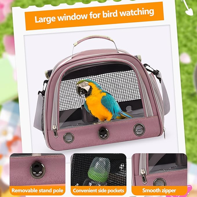Bird Backpack,with Feeder Cups Tray Perch Portable Breathable Bird Carrier,for Small Birds Parrots Cockatiels (Pink)