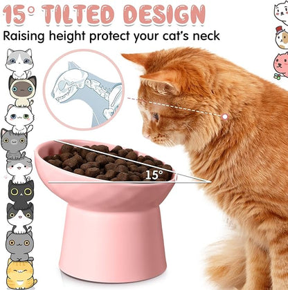 Tanlade 4 Pcs Ceramic Raised Cat Bowls, Elevated Tilted Cat Bowl, Stress Free, Backflow Prevention, Dishwasher and Microwave Safe for Indoor Kitten, Puppies(White and Pink)
