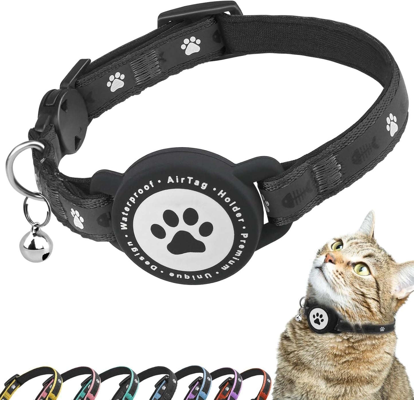 Airtag Cat Collar Breakaway, Reflective Kitten Collar with Apple Air Tag Holder and Bell, Comfortable Padding, Adjustable, Durable, Fits for Girl Boy Cats (Light Black, XS(8"-10.5"))