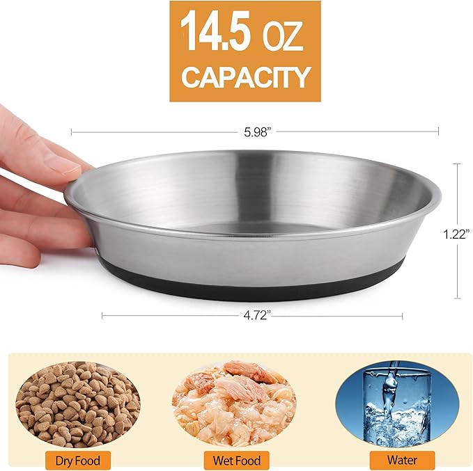 Stainless Steel Cat Bowls,Whisker Friendly Shallow Cat Dishes for Food and Water,Non-Slip Silicone Bottom,Heavy Duty,Replacement Kitten Metal Plate for Elevated Stands,6 Pack