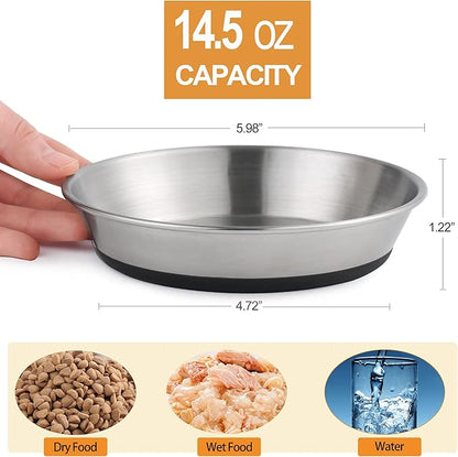 Stainless Steel Cat Bowls,Whisker Friendly Shallow Cat Dishes for Food and Water,Non-Slip Silicone Bottom,Heavy Duty,Replacement Kitten Metal Plate for Elevated Stands,6 Pack