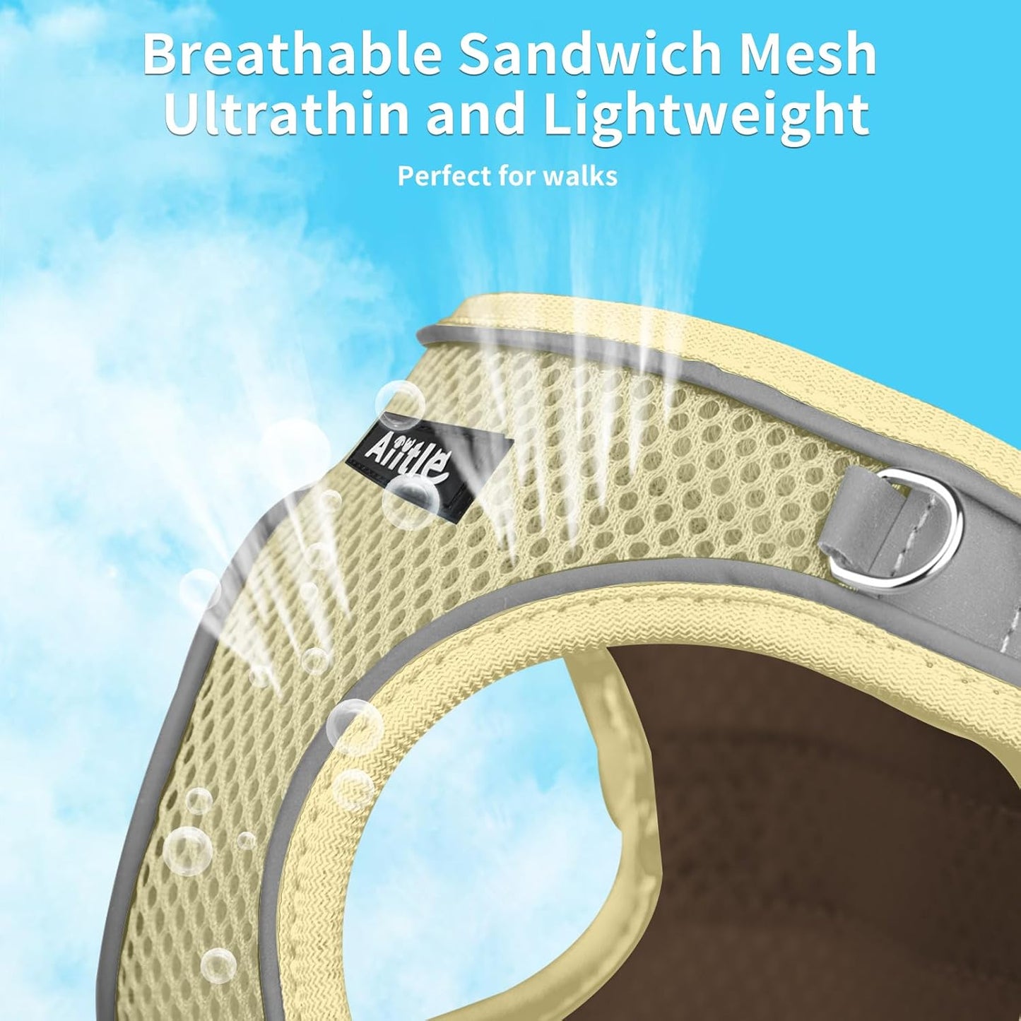 AIITLE Dog Harness, Summer No-Pull Cat Harness with a Leash, Adjustable Reflective Dog Vest, Cat Harness Escape Proof, Outdoor Walking, Camping for Extra Small Dogs and House Cats Beige XXXS