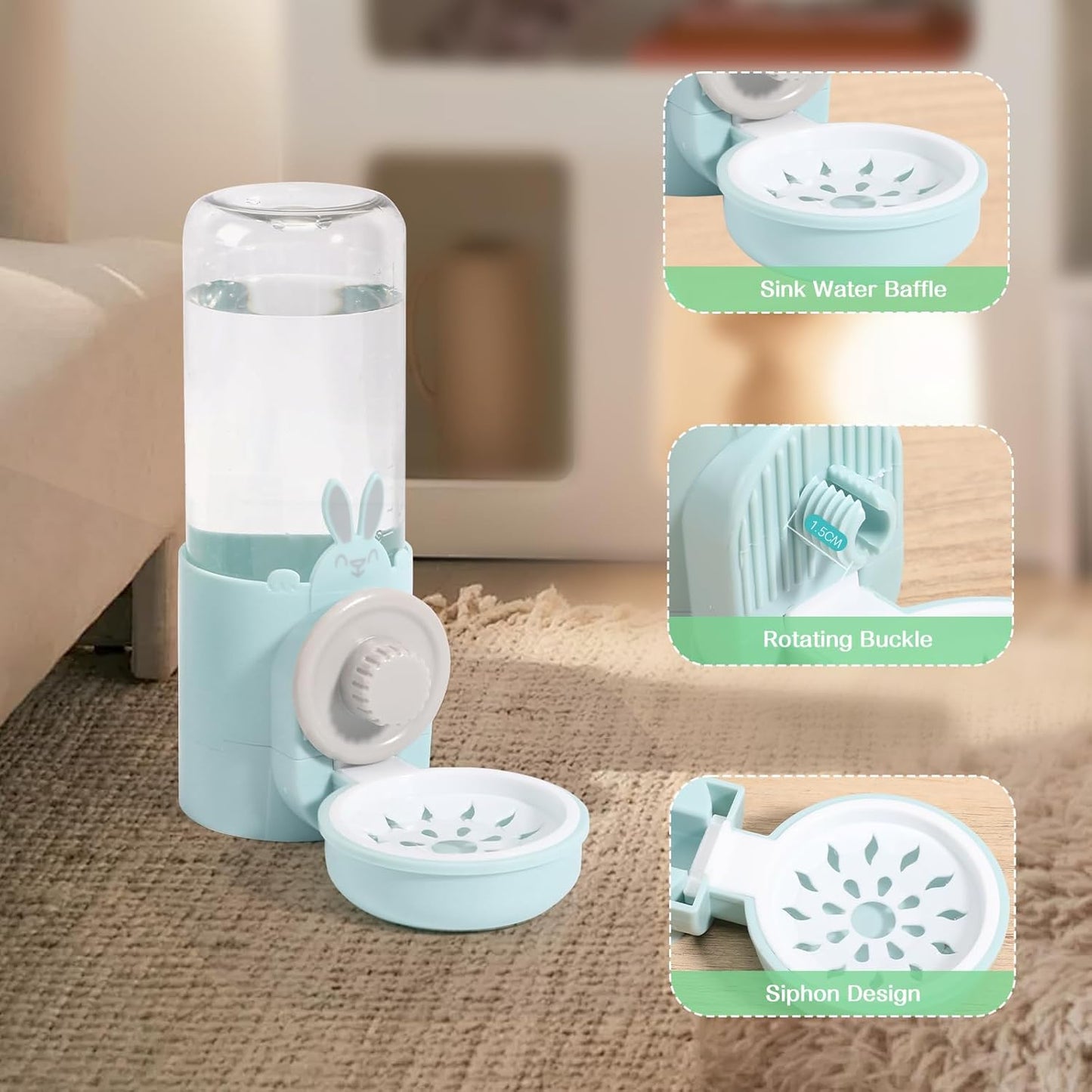 Hanging Automatic Pet Water Dispenser, Auto Siphon Rabbit Ferret Bunny Hedgehog Waterer Dispenser, Cat Dog Water Bowl for Cage Hanging (Light Blue)