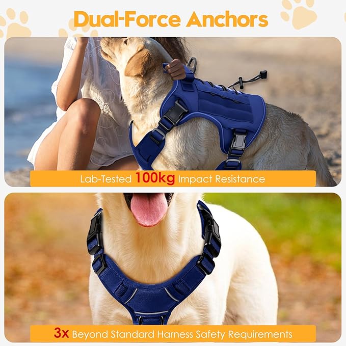 Heavy-Duty Tactical Dog Harness for Large Dogs, No Pull Adjustable Reflective Pet Vest with Molle System, K9 Military-Grade Control for Service Training, Outdoor & 10+ Breeds, Dazzling Blue, X-Large