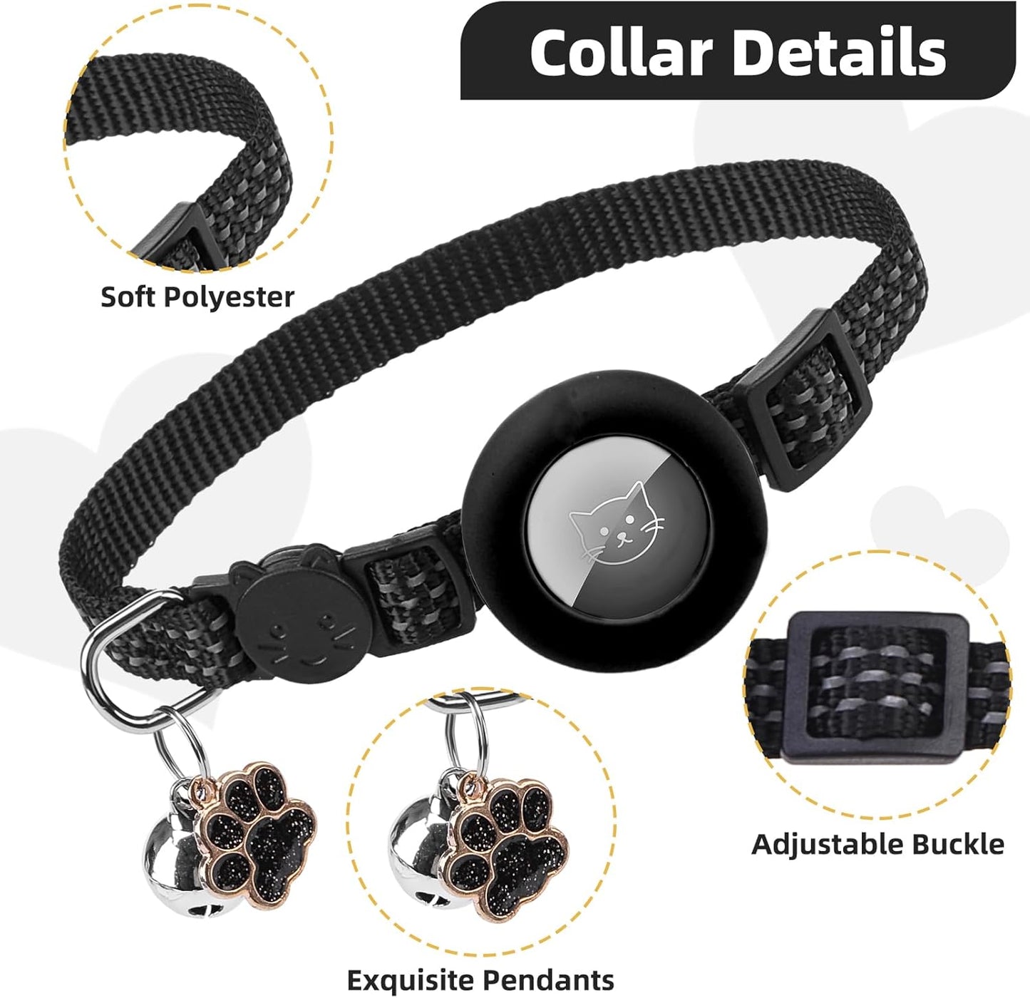PUPTECK Airtag Cat Collar Breakaway 2 Pack with Bells, Reflective Kitten Collar with Air Tag Holder for Boy Girl Kitty and Puppies, Soft, Black & Beige