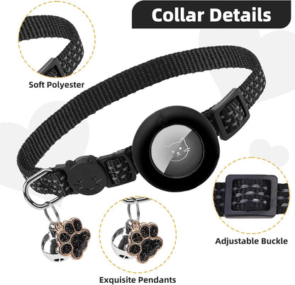 PUPTECK Airtag Cat Collar Breakaway 2 Pack with Bells, Reflective Kitten Collar with Air Tag Holder for Boy Girl Kitty and Puppies, Soft, Black & Beige