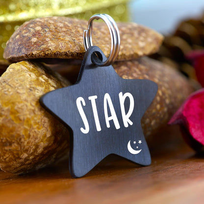 Ultra Joys Cat ID Tag Personalized Pet Tags, Durable Stainless Steel Small Pet Mini Dog Cat Tag Lightweight - Star Tag in Black