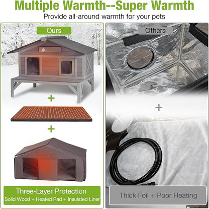 GUTINNEEN Heated Outdoor Cat House Insulated Feral Cat Shelter Weatherproof for Winter with Heater and Insulated Liner, 39.1" L x 31.7" W x 30.4" H, Grey