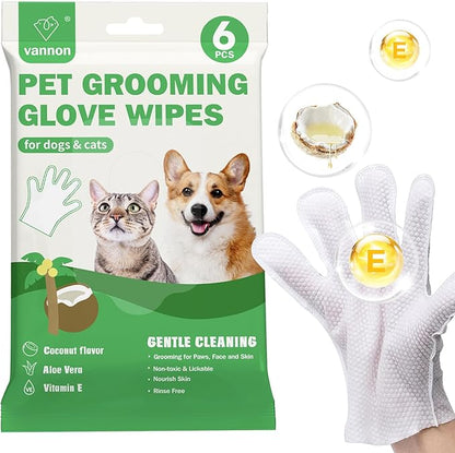 Vannon Extra Thick Pet Bathing Wipes for Dogs & Cats, Cleaning & Odor-Controlling Grooming Gloves, Nourish Fur Glove Wipes for Daily Care and Traveling, Rinse Free, Coconut Scent, 6 PCS