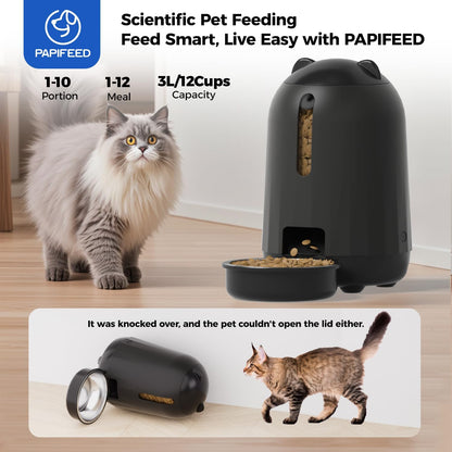 PAPIFEED Automatic Cat Feeder, 3L Timed Cats Food Dispenser with Dual Power Supply, Auto Pet Feeder with Programmable Portion Control for Cats and Small Dogs, Black