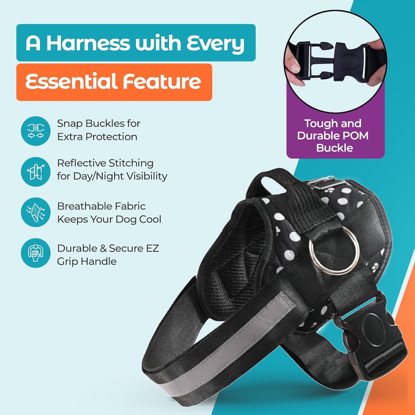 Joyride Basic Essential Dog Harness 1.0 - Small, Medium, Large Dogs, No-Pull Pet Vest with 3 Side Rings for Leash Placement, Adjustable for Training (Paw Polka Dots, XL)