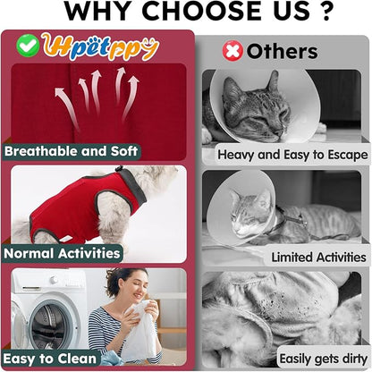 Cat Recovery Suit for Spay Abdominal Wounds, Kitten Onesie Bodysuit for Cats After Surgery, Cat Surgery Recovery Suit Female Cone of Shame Alternative for Cats Anti Licking (Red,M)