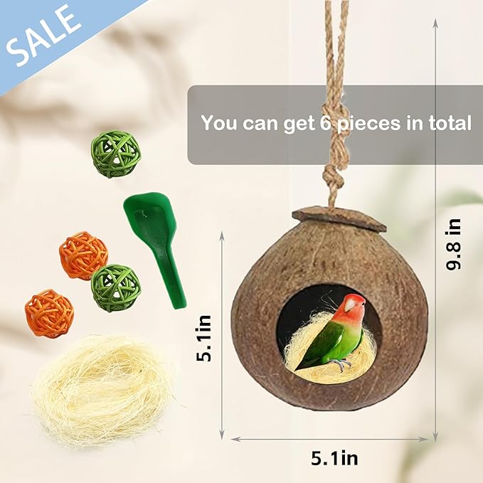 kathson Natural Coconut Shell Bird Nest,Hanging Coco Birds House,Parrots Hide Hut Habitats Decor,Parrot Cage Accessories for Lovebirds Cockatiel Canary Budgies,Feeder Spoon,4 Toy Balls(6 Pcs)